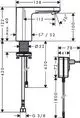 Ein Hansgrohe-Waschtischmischer mit elektronischer Steuerung. Das technische Diagramm zeigt Maße und Anschlüsse für Installation und Nutzung.